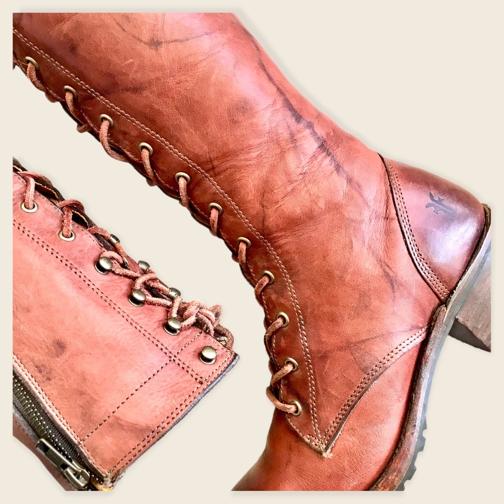 Frye Campus Lug Lace Up Cognac/Saddle Distressed Vintage Leather Heeled Boots - Picture 14 of 16
